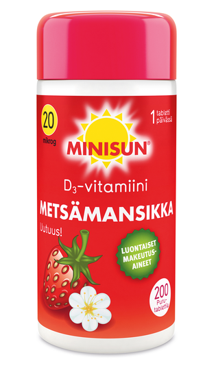 Minisun D-vitamiini 20 mikrog Metsämansikka 200 tabl