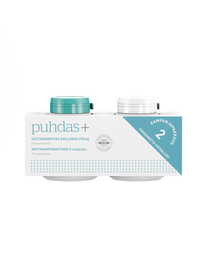 Puhdas+ Maitohappobakteeri 5 mrd + S. Boulardii tuplapakkaus 75 kaps + 60 kaps