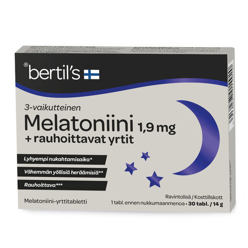 Bertil's melatoniini 1,9 mg + rauhoittavat yrtit 30 tablettia